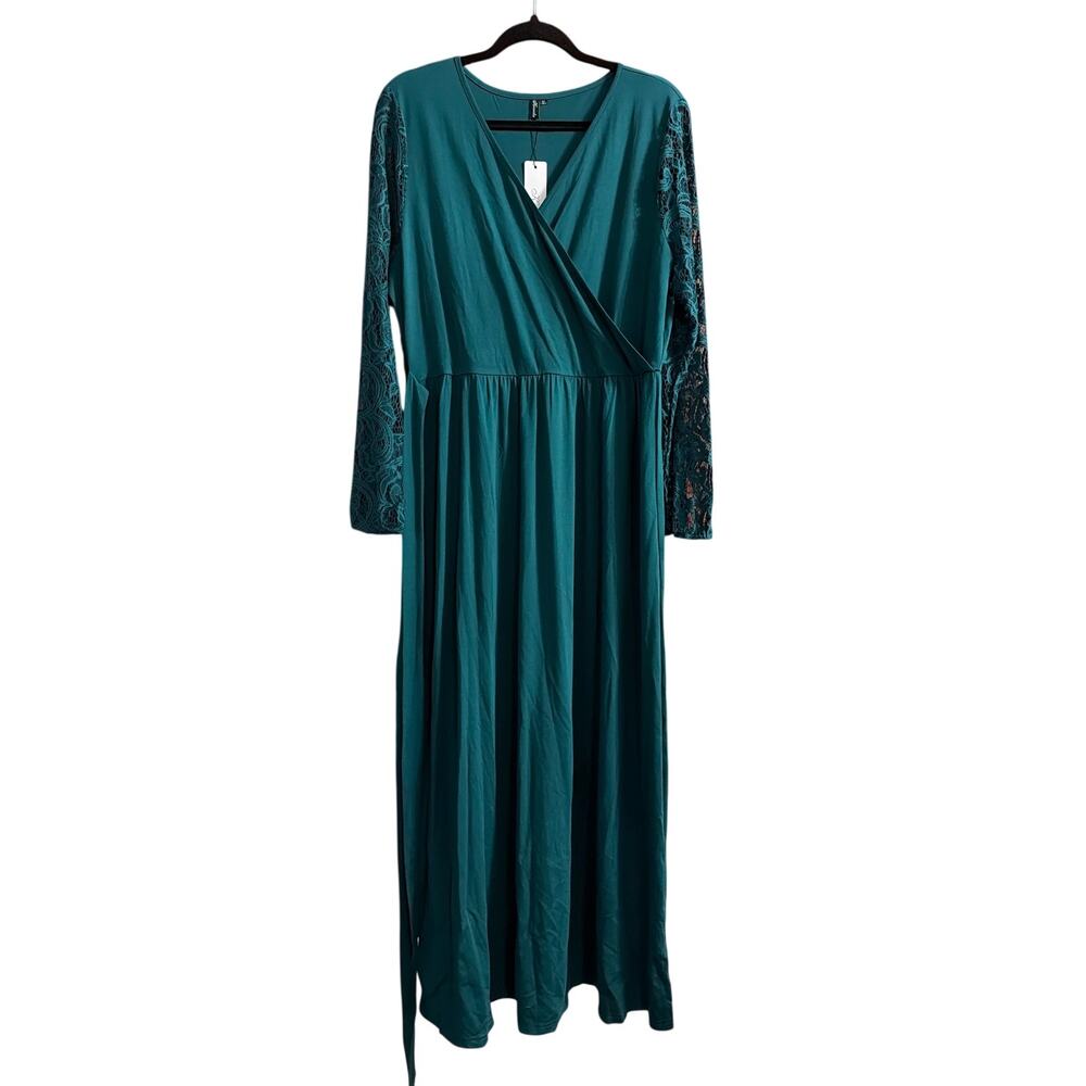 Kranda Women's Long Lace Sleeve V-Neck Maxi Dress Green Size Extra Large XL New